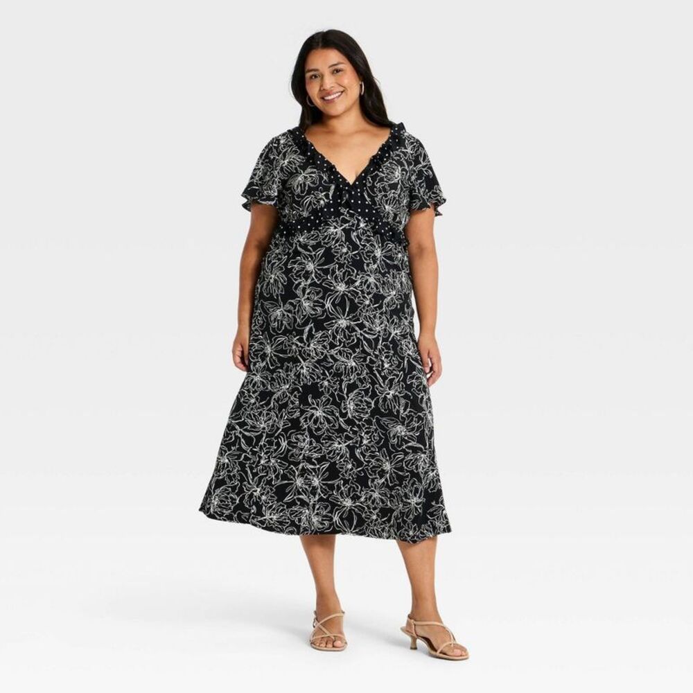 Women's Short Flutter Sleeve V-Neck Midi Dress - A New Day Black 2X
